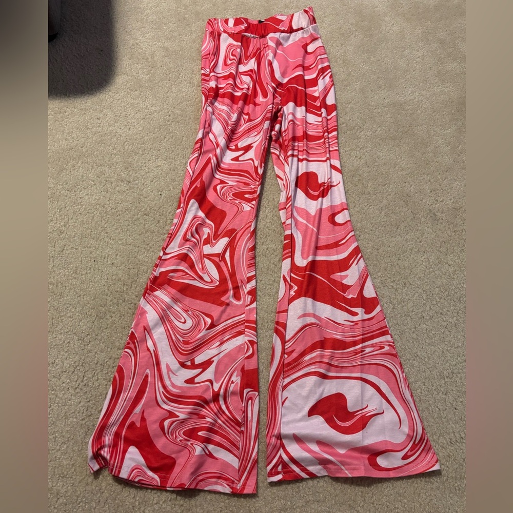 SHEIN Red and Pink Swirl Flare Pants